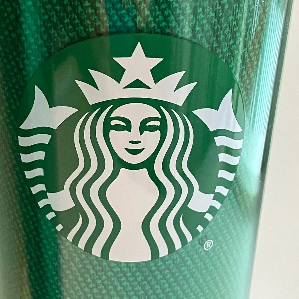 2 Starbucks tall 24 oz. plastic cups Holiday green sparkling flecks and tweed